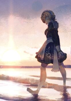 1girl ^_^ absurdres apron arms_behind_back bare_legs barefoot black_dress black_ribbon blonde_hair braid braided_sidelocks breasts closed_eyes commission dress evening floral_print floral_print_dress flower full_body fumew gold_trim hair_flower hair_ornament highres interlocked_fingers juliet_sleeves klara_charmwood klara_charmwood_(1st_costume) lens_flare long_sleeves maid maid_apron maid_headdress medium_breasts medium_dress multicolored_hair nijisanji nijisanji_en ocean open_mouth own_hands_clasped own_hands_together print_dress puffy_sleeves ribbon short_hair skeb_commission sleeves_past_wrists smile solo striped_clothes striped_dress sunlight sunset turning_head two-tone_hair vertical-striped_clothes vertical-striped_dress virtual_youtuber wading walking white_apron white_flower white_hair