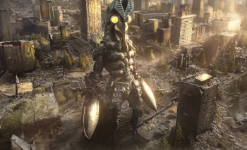 1boy 3d absurdres alien arms_at_sides baltan_seijin blurry blurry_background building city dark_baltan day full_body giant giant_monster highres light_rays love894anon mixed-language_commentary no_humans no_pupils official_alternate_design outdoors photo_background pincers road ruins solo standing sunbeam sunlight tokusatsu tree ultra_series ultraman_max_(series) yellow_eyes