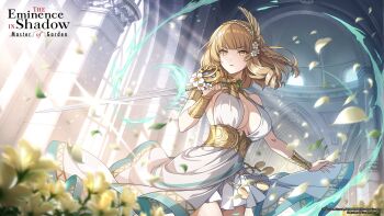 1girl armlet artist_request blonde_hair bracelet braid breasts cleavage copyright_name copyright_notice dress flower gold_armlet gold_bracelet gold_collar hair_flower hair_ornament highres holding holding_sword holding_weapon jewelry kage_no_jitsuryokusha_ni_naritakute! kage_no_jitsuryokusha_ni_naritakute!_master_of_garden large_breasts official_art parted_lips rose_oriana second-party_source solo sword teeth weapon white_dress white_flower white_petals wing_hair_ornament yellow_eyes