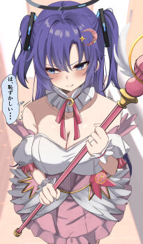 1girl absurdres alternate_costume bare_shoulders black_choker blue_archive blush breasts choker cleavage clenched_teeth cosplay dress hair_between_eyes highres holding holding_staff large_breasts long_hair looking_to_the_side pink_dress purple_eyes purple_hair solo staff strapless strapless_dress suzumi_(blue_archive) suzumi_(blue_archive)_(cosplay) suzumi_(magical)_(blue_archive) sweatdrop teeth two_side_up white_choker wrist_cuffs yuuka_(blue_archive) zenzen._(zenzen&#039;ya)