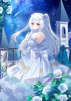 1girl absurdres back back_bow bare_shoulders blue_dress bow building commentary_request crying crying_with_eyes_open detached_sleeves dress flower frilled_sleeves frills grey_hair hair_bow highres long_hair looking_at_viewer looking_back marian_oekaki night night_sky original pink_eyes railing rose shooting_star sky solo star_(sky) starry_sky strapless strapless_dress tears two_side_up very_long_hair white_bow white_flower white_rose