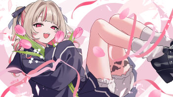 1girl :3 black_shoes blazer bloomers blue_jacket blue_ribbon blue_skirt blush collared_shirt colored_inner_hair commentary_request drill_hair falling_petals fangs feet_out_of_frame floating flower grey_hair hair_intakes hair_ribbon highres holding holding_flower jacket knees_up leg_tattoo light_particles long_hair long_sleeves looking_at_viewer loose_socks makaino_ririmu miniskirt multicolored_hair nijisanji official_alternate_costume official_alternate_hairstyle open_mouth petals pink_flower pink_hair pink_petals pink_ribbon pink_streaks pink_tulip platform_shoes pleated_skirt potti-p red_eyes ribbon school_uniform shirt shoes sidelocks signature skirt sleeves_past_fingers sleeves_past_wrists smile socks solo streaked_hair tattoo teeth tulip two-tone_hair two_side_up underwear upper_teeth_only virtual_youtuber white_background white_shirt white_socks winged_heart winged_heart_tattoo