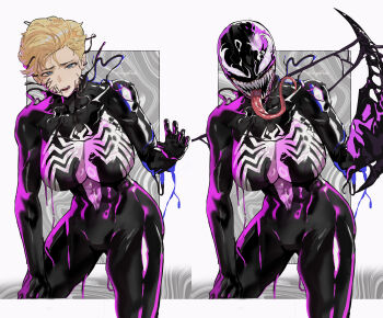 1girl abs absurdres artist_name blonde_hair blue_eyes breasts commentary english_commentary highres large_breasts long_tongue marvel open_mouth park_ongjol sharp_teeth she-venom solo spider-man_(series) symbiote teeth tongue tongue_out venom_(marvel)