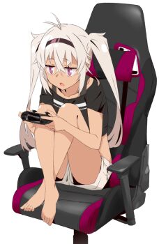 1girl akitetsu barefoot blank_eyes chair controller crop_top crossed_ankles dark-skinned_female dark_skin fang flat_chest game_controller gaming_chair grey_hair holding holding_controller holding_game_controller knees_to_chest long_hair looking_to_the_side matsukai_mao matsukai_mao_(1st_costume) nijisanji open_mouth purple_eyes short_shorts shorts sitting solo swivel_chair toes transparent_background twintails virtual_youtuber