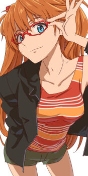 aonori_misuji black_jacket blue_eyes collarbone glasses green_shorts jacket neon_genesis_evangelion orange_hair shorts souryuu_asuka_langley striped_clothes