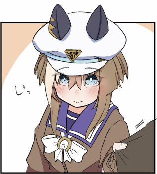 1girl animal_ears blue_eyes blush bow bowtie brown_cardigan brown_hair cardigan cheval_grand_(umamusume) closed_mouth clothes_grab commentary_request ears_under_headwear grabbing_another's_shirt hair_between_eyes hat horse_ears horse_girl looking_at_viewer purple_sailor_collar sailor_collar school_uniform short_hair short_hair_with_long_locks sidelocks tracen_school_uniform umamusume white_bow white_bowtie white_hair white_hat yokoyu