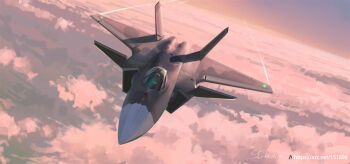 aircraft airplane canards chengdu_j-20 cloud cloudy_sky contrail highres jet military_vehicle original people's_liberation_army people's_liberation_army_air_force shouhui_lang_qun signature sky vehicle_focus