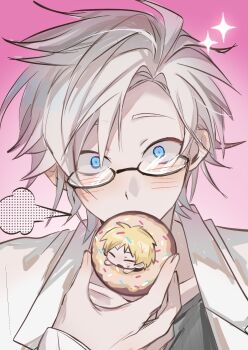 2boys atou_haruki black-framed_eyewear blonde_hair blue_eyes blush closed_eyes commentary_request constricted_pupils donut food glasses grey_shirt highres holding holding_food in_food jacket kanou_aogu long_sleeves male_focus mini_person miniboy multiple_boys open_mouth pink_background saibou_shinkyoku semi-rimless_eyewear shirt short_hair sparkle sprinkles sweat trust98288 white_hair white_jacket