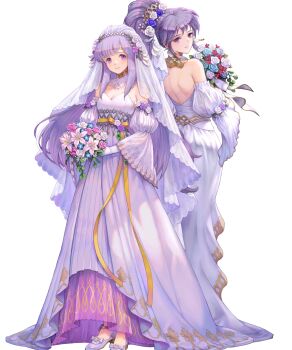 2girls bouquet breasts bridal_veil circlet cleavage dress fire_emblem fire_emblem:_genealogy_of_the_holy_war fire_emblem_heroes flower gloves hair_flower hair_ornament highres holding holding_bouquet ishtar_(bride)_(fire_emblem) ishtar_(fire_emblem) julia_(bride)_(fire_emblem) julia_(fire_emblem) long_hair lonvanelk looking_at_viewer medium_breasts multiple_girls nintendo non-web_source official_alternate_costume official_art ponytail purple_eyes purple_hair small_breasts smile tachi-e veil wedding_dress white_gloves