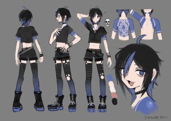1boy 2n5 absurdres ahoge androgynous blue_hair boots collar collarbone color_guide dyed_ahoge highres lace-up_boots midriff multicolored_hair navel nipples original pale_skin reference_sheet short_hair smile spiked_collar spikes streaked_hair striped_clothes striped_thighhighs thighhighs torn_clothes torn_thighhighs two-tone_hair