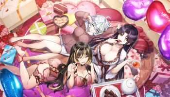 Rule 34 | 3girls, :d, :o, amadea wolfa, ass, babydoll, balloon, barefoot, black hair, black panties, blonde streaks, box, breasts, brown hoodie, cake, candy, chocolate, chocolate cake, chocolate heart, cleavage, cup, dolphin wave, flower, food, game cg, gift, gift box, green streaks, grey hair, heart, heart-shaped box, heart-shaped food, heart-shaped pillow, heart balloon, highres, hirasaka yuno, holding, holding cup, hood, hoodie, kurokuchi muru, large breasts, lingerie, long hair, looking at viewer, lying, medium hair, mole, mole under eye, multicolored eyes, multicolored hair, multiple girls, non-web source, official art, on back, on bed, on stomach, one eye closed, ootomo takuji, open clothes, open mouth, open robe, panties, petals, pillow, pink babydoll, pink flower, pink rose, pink streaks, purple streaks, rainbow eyes, red flower, red rose, robe, rose, smile, underwear, valentine, very long hair, white robe, yellow eyes