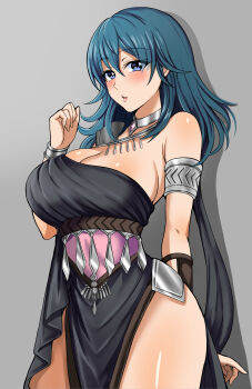 1girl absurdres ancient_greek_clothes arm_behind_back armlet black_dress blue_eyes blue_hair breasts choker_jewel cleavage dancer_(fire_emblem:_three_houses) dress earrings female_byleth_(fire_emblem) fire_emblem fire_emblem:_three_houses gem greco-roman_clothes grey_background hand_up highres jewelry large_breasts long_hair nintendo parted_lips pelvic_curtain purple_gemstone simple_background single_bare_shoulder single_strap solo tara_(szzj7733)