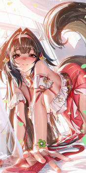1girl all_fours bare_shoulders blush breasts brown_hair cleavage commentary curtains english_commentary hair_ornament hairband highres indoors large_breasts liang_xing long_hair looking_at_viewer official_alternate_costume parted_lips red_eyes red_skirt signature skirt smile solo tail very_long_hair window ye_shunguang ye_shunguang_(touch_of_dawnlight) zenless_zone_zero