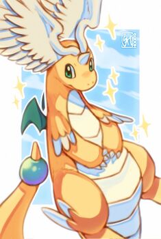 blue_sky claws closed_mouth cloud dragonite feathered_wings flying full_body gen_1_pokemon green_eyes head_wings highres horns mega_dragonite mega_pokemon nintendo no_humans pokemon pokemon_(creature) pokemon_focus single_horn skaggshood sky solo tail wings