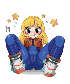 1girl :d absurdres blonde_hair blue_bodysuit blunt_bangs bodysuit cameltoe closed_mouth cosplay green_eyes highres jacket juno_(overwatch)_(cosplay) kurokiart97 loli long_hair mega_man_(classic) mega_man_(series) multicolored_hair open_mouth orange_jacket overwatch purple_hair roll_(mega_man) shoes simple_background sitting smile sneakers solo spread_legs star_(symbol) tongue tongue_out two-tone_hair white_background
