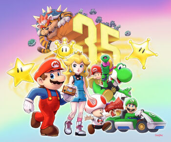 1girl 6+boys alternate_color alternate_costume anniversary artist_name baby_mario blonde_hair blue_eyes boots bowser cape car dinosaur english_text facial_hair full_body furry game_boy goomba gradient_background gun handheld_game_console highres holding holding_weapon jeans_shorts kart koopa_troopa lips luigi mario mario_(series) motor_vehicle multiple_boys mustache nintendo overalls princess_peach shell shorts smile splatoon_(series) stup-jam super_mario_3d_world super_mario_galaxy super_mario_sunshine super_star_(mario) tail toad weapon yoshi