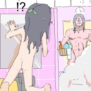 !? 1boy 1girl ass bathhouse black_hair child commentary_request completely_nude convenient_censoring glasses highres kyo-yan loli nude original plant_on_head sprout_on_head watanyabe_(kyo-yan)