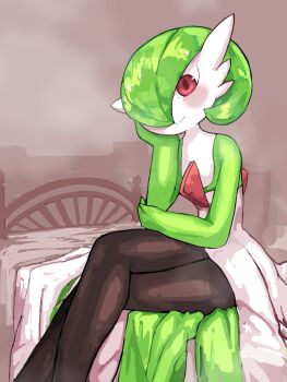 Rule 34 | 1girl, black pantyhose, blush, bob cut, closed mouth, clothed pokemon, colored skin, crossed legs, female focus, flat chest, gardevoir, gen 3 pokemon, green hair, green skin, hair over one eye, hand on own cheek, hand on own face, happy, head rest, indoors, legs, multicolored skin, nintendo, on bed, one eye covered, pantyhose, pokemon, pokemon (creature), red eyes, rr (user hcrd3433), short hair, sitting, smile, solo, split mouth, two-tone skin, white skin
