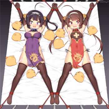 2girls =_= @_@ ahoge animal armpits arms_up artist_name asymmetrical_legwear azur_lane bare_shoulders bdsm bird black_eyes black_gloves black_hair black_legwear black_panties blank_eyes blush blush_stickers bondage bound bound_ankles bound_wrists breasts breasts_apart brown_hair brush china_dress chinese_clothes cleavage_cutout closed_eyes clothing_cutout collar covered_navel dragon_print dress elbow_gloves fang feathers female_focus from_above full_body gloves hair_ornament hair_rings hairband half-closed_eyes holding holding_brush holding_feather holding_hands huoji_(wonderturkey) interlocked_fingers long_hair looking_to_the_side lying manjuu_(azur_lane) medium_breasts mismatched_legwear multiple_girls ning_hai_(azur_lane) nose_blush o-ring o-ring_bottom o-ring_panties on_back on_bed open_mouth outstretched_arms panties pelvic_curtain ping_hai_(azur_lane) purple_dress purple_eyes raised_eyebrows red_dress red_eyes rope see-through_clothes side-tie_panties side_slit sidelocks signature skin_fang skindentation sleeveless sleeveless_dress small_breasts spread_eagle_position spread_legs string_panties symmetry tears thighhighs twintails underwear white_background white_hairband white_panties wide-eyed