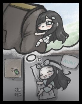 1boy 1girl aqua_eyes bed black_hair blush_stickers body_pillow bow_headband cellphone cheek_press chibi closed_eyes commander_(nikke) commentary_request dreaming drooling goddess_of_victory:_nikke headband highres hug hug_from_side hugging_object incoming_call korean_commentary long_hair mini_person minigirl mint_(nikke) nightstand pajamas phone pillow pillow_hug pillow_writing sleeping slippers smartphone unworn_slippers uu_uuuuk