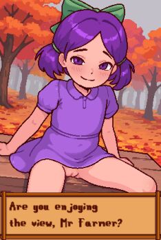 1girl autumn autumn_leaves blush bow casytay cleft_of_venus closed_mouth dress english_text female_focus flat_chest green_bow hair_bow jas_(stardew_valley) leaf loli looking_at_viewer no_panties outdoors pixel_art puffy_short_sleeves puffy_sleeves purple_dress purple_eyes purple_hair pussy short_hair short_sleeves short_twintails sitting smile solo stardew_valley tree twintails uncensored
