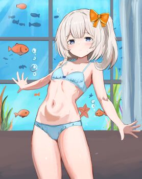 1girl absurdres belly blue_bra blue_eyes blue_panties blush blush_stickers bow bra breasts bubble closed_mouth commission fish flat_chest flygombal hair_bow hair_ribbon highres indoors looking_at_viewer marimari_(vtuber) navel panties phase_connect ribbon small_breasts solo standing thick_eyebrows thighs underwear underwear_only virtual_youtuber window