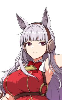 1girl animal_ears armpits blunt_bangs bow bowtie breasts brown_eyes closed_mouth commentary dress english_commentary gold_ship_(red_strife)_(umamusume) gold_ship_(umamusume) grey_hair horse_ears horse_girl large_breasts long_hair looking_at_viewer no_headwear red_bow red_dress sheita simple_background sleeveless sleeveless_dress smile solo umamusume upper_body white_background