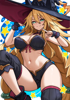 1girl armpits bikini black_bikini black_hat black_thighhighs blonde_hair breasts cleavage commentary_request green_eyes hair_between_eyes hat highres long_hair looking_at_viewer majo_to_hyakkihei medium_breasts metallica_(majo_to_hyakkihei) navel redjet smile solo swimsuit thighhighs thighs witch_hat wrist_cuffs