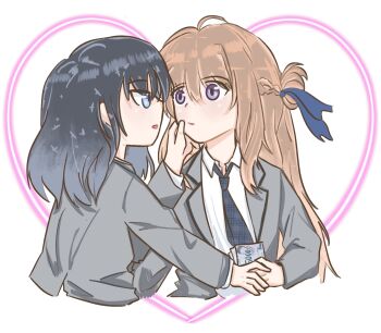 2girls banknote black_hair blazer blue_eyes blue_necktie blue_ribbon braid brown_hair collared_shirt commentary elephon grey_jacket hair_ribbon half_up_braid hand_on_another's_face heart highres holding holding_money jacket long_hair miyagi_shiori money multiple_girls necktie parted_lips purple_eyes ribbon sendai_hazuki shirt shuuniichido_classmate_wo_kau_hanashi white_shirt yuri