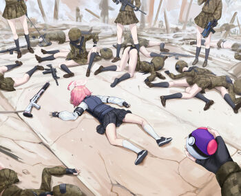 6+girls absurdres after_battle ahoge black_gloves black_neckerchief black_panties black_socks blue_archive bulletproof_vest commentary_request defeat fingerless_gloves gloves green_serafuku gun halo helmet highres holding holding_gun holding_weapon hoshino_(blue_archive) kumachi_(aikawaakeya) long_hair lying military_uniform multiple_girls neckerchief on_stomach panties pink_hair plaid_clothes plaid_skirt pleated_skirt school_uniform serafuku shirt shoes skindentation skirt sneakers socks spread_legs underwear weapon white_shirt white_socks