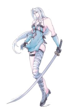 Rule 34 | 1boy, bandaged leg, bandaged neck, bandages, bare shoulders, black gloves, blue negligee, closed mouth, commentary request, cosplay, crossdressing, crossdressing (mtf), final fantasy, final fantasy vii, final fantasy vii: ever crisis, full body, gloves, grey hair, holding, holding sword, holding weapon, kaine (nier), kaine (nier) (cosplay), long hair, male focus, masamune (ff7), mizuiro oart, nier (series), parted bangs, sephiroth, solo, sword, weapon, white background