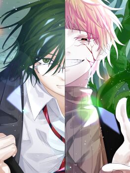 2boys atou_haruki black_eyes black_jacket blood blood_on_face brown_sweater closed_mouth collared_shirt colored_eyelashes commentary_request eyes_visible_through_hair glasses gnlvldajtls green_eyes green_hair grey-framed_eyewear grin hair_between_eyes highres jacket korean_commentary lapels light_particles male_focus multiple_boys necktie notched_lapels open_clothes open_jacket otowa_rui_(saibou_shinkyoku) pink_hair red_necktie red_pupils ribbed_sweater saibou_shinkyoku shirt short_hair smile split_screen split_theme spoilers sweater textless_version turtleneck turtleneck_sweater variant_set