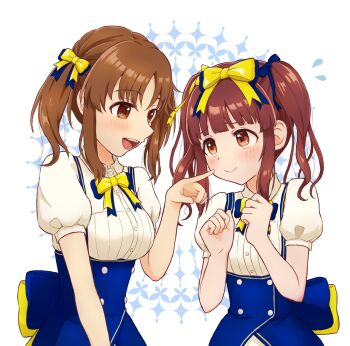 Rule 34 | 2girls, blue ribbon, blunt bangs, brown eyes, brown hair, buttons, closed mouth, double-breasted, eye contact, eyelashes, hair ribbon, high-waist skirt, highres, hijirin dere, idolmaster, idolmaster cinderella girls, idolmaster cinderella girls starlight stage, index finger raised, light blush, long hair, looking at another, multiple girls, ogata chieri, open mouth, puffy short sleeves, puffy sleeves, red eyes, red hair, ribbon, shirt, short sleeves, sidelocks, skirt, smile, suspender skirt, suspenders, teeth, totoki airi, twintails, underbust, upper body, upper teeth only, white shirt, yellow ribbon