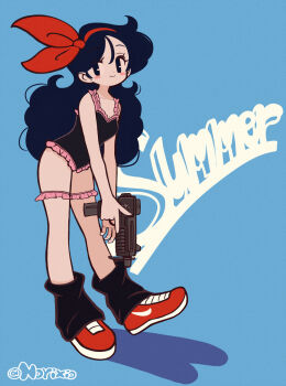 Rule 34 | 1girl, artist name, bandana, black socks, blue background, blue eyes, blue hair, blush stickers, dark blue hair, dragon ball, dragon ball (classic), fluffy hair, frilled thigh strap, frills, gun, hairband, highres, holding, holding gun, holding weapon, large shoes, leaning forward, long hair, looking at viewer, loose socks, lunch (dragon ball), norixio, one-piece swimsuit, red bandana, red footwear, red hairband, shoes, socks, submachine gun, swimsuit, thigh strap, uzi, weapon