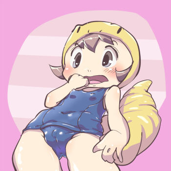 1girl animal_hood blue_one-piece_swimsuit blue_school_swimsuit blush brown_hair cameltoe covered_erect_nipples flat_chest from_below geecko! geecko-chan grey_eyes hood k-nattoh lizard_hood lizard_tail loli looking_down one-piece_swimsuit open_mouth purple_background reptile_girl school_swimsuit short_hair standing swimsuit tail yellow_hood