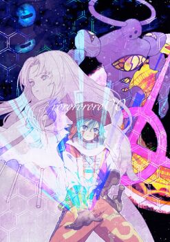 Rule 34 | .hack//, .hack//games, 1boy, 1girl, 1other, aura (.hack//), book, brown gloves, capelet, celtic cross, commentary request, cross, dot nose, elbow gloves, expressionless, facial tattoo, gloves, green eyes, green hair, grey eyes, hat, honeycomb (pattern), honeycomb background, infinity symbol, kite (.hack//), legs apart, long hair, looking at viewer, looking to the side, red hat, redrawn, ruhuna 02, skeith (.hack//), standing, tattoo, white capelet, white hair