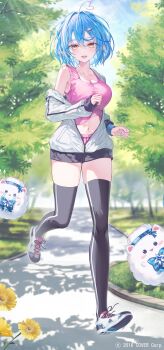 1girl :d ahoge black_thighhighs blue_hair bouncing_breasts breasts cleavage colored_tips copyright_notice elf female_focus flower full_body grass hair_between_eyes hair_ornament heart heart_ahoge highres hololive jacket jogging large_breasts long_sleeves looking_at_viewer midriff multicolored_hair navel off_shoulder official_art open_mouth outdoors partially_unzipped path pink_tank_top pointy_ears rin_yuu road shoe_soles shoes sky sleeves_past_wrists smile sneakers snowflake_hair_ornament solo tank_top thighhighs tree virtual_youtuber white_jacket white_shoes yellow_eyes yukihana_lamy yukimin_(yukihana_lamy) zipper