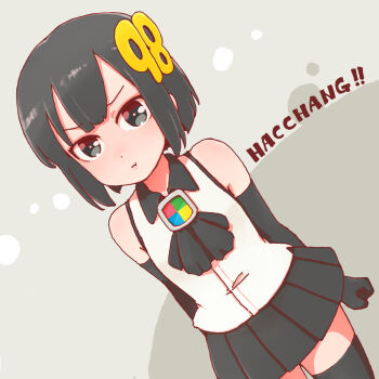 1girl 98-tan :t ascot bare_shoulders black_ascot black_eyes black_gloves black_hair black_skirt black_thighhighs closed_mouth collared_shirt commentary_request contrast_collar dutch_angle elbow_gloves gloves hair_ornament highres imuhata_shimuro miniskirt number_hair_ornament os-tan pleated_skirt shirt short_hair skirt sleeveless sleeveless_shirt solo thighhighs v-shaped_eyebrows white_shirt zettai_ryouiki