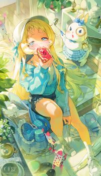 1girl absurdres angry animal_ears apron artist_logo artist_name bag bare_legs baseball_cap ben-day_dots between_legs blonde_hair blue_apron blue_bow blue_eyes blue_jacket blue_ribbon blue_shorts blush book bow bread bread_slice camisole card commentary creature cup denim denim_shorts dot_nose dotori_(seulseul) eating english_commentary flower food food_on_face frilled_apron frills gingham_apron half-closed_eyes hand_between_legs hand_up hat highres holding holding_food holding_ladle holding_pocket_watch indoors jacket ladle logo long_hair long_sleeves looking_up monocle original partially_open_jacket plant playing_card pocket_watch potted_plant rabbit rabbit_ears raised_eyebrows ribbon screentones shoes short_shorts shorts sitting socks standing straight_hair teacup teapot tearing_up toast twitter_username untied_shoelaces very_long_hair watch white_camisole white_hat white_shoes white_socks