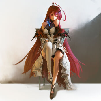 1girl absurdres ahoge bare_shoulders black_shoes blue_fire blurry breasts dress elizabeth_rose_bloodflame fire fire_on_chest full_body highres hololive hololive_english jacket long_hair long_sleeves looking_at_viewer medium_breasts mn374390 off_shoulder red_eyes red_hair shoes sidelighting single_thighhigh sitting smile solo thighhighs very_long_hair virtual_youtuber white_dress white_jacket white_thighhighs