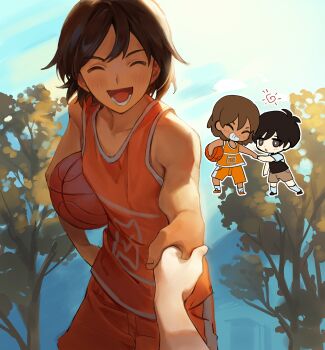 Rule 34 | 2boys, antenna hair, ball, basketball (object), black eyes, black hair, black sweater vest, blue sky, blush, bright pupils, brown hair, brown shorts, chibi, closed eyes, collared shirt, commentary, dark-skinned male, dark skin, day, double-parted bangs, english commentary, foreshortening, grin, hair between eyes, hand grab, hashtag-only commentary, highres, holding, holding ball, kel (faraway) (omori), kel (omori), looking at another, lower teeth only, male focus, multiple boys, omori, open mouth, orange shorts, outdoors, shirt, short hair, short sleeves, shorts, sky, smile, socks, sudgarock, sunny (omori), sweater vest, teeth, tongue, tree, white pupils, white shirt, white socks