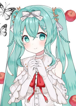 1girl absurdres apple aqua_eyes aqua_hair blush bow braid breasts bug butterfly choker closed_mouth dress food fruit hair_between_eyes hair_ornament hatsune_miku highres insect long_hair looking_at_viewer medium_breasts own_hands_together red_bow shiroi_yuki_no_princess_wa_(vocaloid) simple_background smile solo vocaloid white_background white_bow white_butterfly white_choker white_dress yuha_re