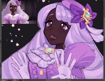 1girl ascot brooch center_frills colored_eyelashes dark-skinned_female dark_skin dress fascinator frilled_ascot frills game_screenshot_inset gloves gold_ring hair_ornament hands_up jacinthe_(pokemon) jewelry juliet_sleeves long_sleeves looking_at_viewer low_drills mega_stone nintendo open_mouth pokemon pokemon_legends:_z-a puffy_sleeves purple_dress purple_eyes purple_gloves purple_hair purrpranolol reference_inset solo teeth upper_body upper_teeth_only very_dark_skin