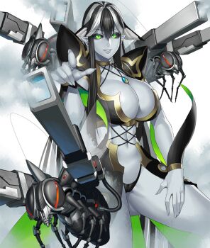 00s 1girl bare_legs black_hair black_sclera breasts bug cleavage colored_sclera colored_skin female_focus gradient_background green_eyes grey_skin large_breasts lips long_hair looking_at_viewer machine multicolored_hair obui pointy_ears robot silver_hair smile solo taimanin_(series) taimanin_asagi taimanin_asagi_kessen_arena thong two-tone_hair weapon wisp_(taimanin_asagi)