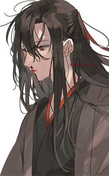 Rule 34 | 1boy, amana raika, bishounen, black hair, black hanfu, blood, blood on face, chinese clothes, closed mouth, coat, commentary request, eyelashes, grey coat, hair between eyes, hair down, hair ribbon, half updo, hanfu, highres, long hair, looking down, male focus, modao zushi, nosebleed, official alternate costume, official alternate hairstyle, open clothes, open coat, red eyes, red ribbon, ribbon, robe, sidelocks, simple background, solo, twitter username, upper body, wei wuxian, wei wuxian (yiling laozu), white background