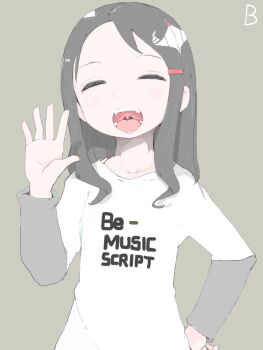 1girl closed_eyes clothes_writing facing_viewer grey_hair highres kinomoto_(nazonoinu) long_hair open_mouth original saliva shirt simple_background solo teeth tongue upper_body uvula waving