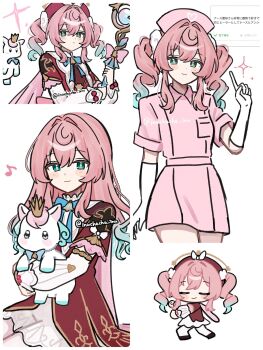 1girl alternate_costume alternate_hairstyle aqua_hair chibi closed_mouth commentary cowboy_shot creature drill_hair hat highres holding holding_creature honkai:_star_rail honkai_(series) hyacine_(honkai:_star_rail) inuchacha_inu little_ica_(honkai:_star_rail) long_hair looking_at_viewer multiple_views nurse nurse_cap odaibako pink_hair solo symbol-only_commentary translation_request twin_drills upper_body white_background