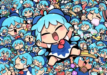 Rule 34 | :d, achi cirno, advent cirno, alternate color, aqua kimono, black headwear, black one-piece swimsuit, blue bow, blue hair, bow, buoy, cirno, closed eyes, cosplay, crossed arms, flower, food, fruit, hair bow, hair tubes, hakurei reimu, hakurei reimu (cosplay), hat, hat bow, highres, ice cream, innertube, japanese clothes, kimono, kirisame marisa, kirisame marisa (cosplay), konpaku youmu, konpaku youmu (cosplay), looking at viewer, moyazou (kitaguni moyashi seizoujo), multiple views, one-piece swimsuit, open mouth, red-framed eyewear, red hair, santa costume, school swimsuit, semi-rimless eyewear, short hair, smile, sunflower, swim ring, swimsuit, tanned cirno, teeth, touhou, touhou lostword, under-rim eyewear, upper teeth only, watermelon, watermelon slice, white bow, witch hat, yakumo yukari, yakumo yukari (cosplay)