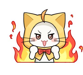 ahoge animal animal_focus artist_request blush_stickers bow bowtie brown_eyes cat clenched_hands cloak clothed_animal cropped_torso ear_covers fiery_background fire hood hood_up hooded_cloak infinity_nikki looking_at_viewer momo_(nikki) nikki_(series) no_humans official_art open_mouth red_bow red_bowtie smile solo traditional_bowtie transparent_background v-shaped_eyebrows whiskers white_cat yellow_cloak