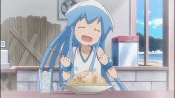 1girl animated animated_gif beach blue_hair blush cash_register closed_eyes cloud collarbone counter day eating fan female_focus food glasses happy hat holding holding_spoon ice ikamusume mountain open_mouth plate rice sand shinryaku!_ikamusume shrimp sitting sky solo spoon squid_girl squid_hat talking tentacle_hair